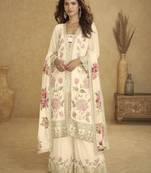 Cream real chinon embroidered palazzo suit with mirror work dupatta