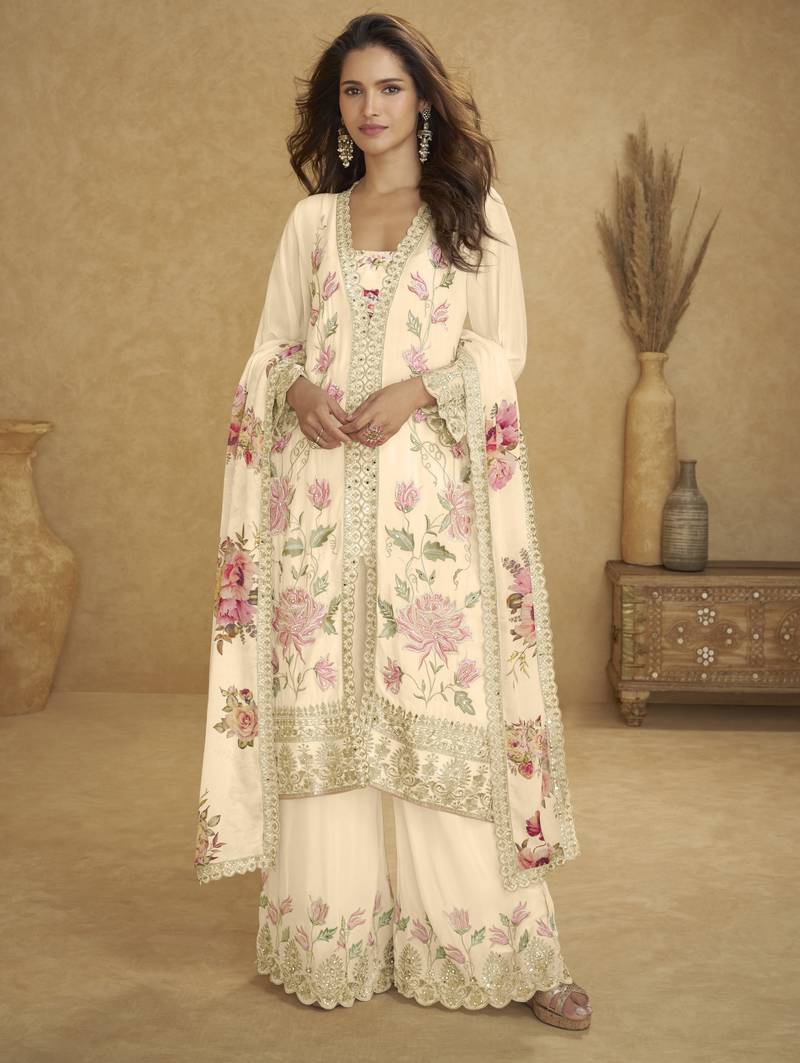 Cream real chinon embroidered palazzo suit with mirror work dupatta