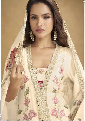 Cream real chinon embroidered palazzo suit with mirror work dupatta 2
