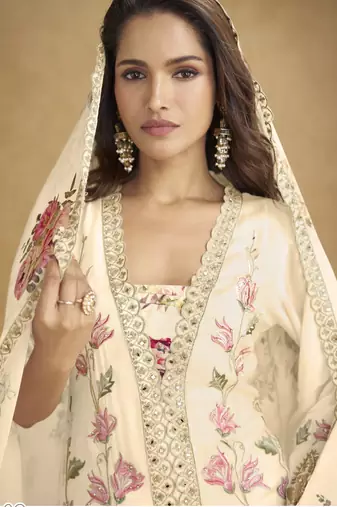 Cream real chinon embroidered palazzo suit with mirror work dupatta
