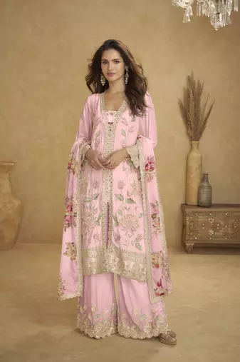 Pink real chinon embroidered palazzo suit with mirror work dupatta