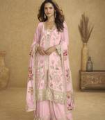 Pink real chinon embroidered palazzo suit with mirror work dupatta