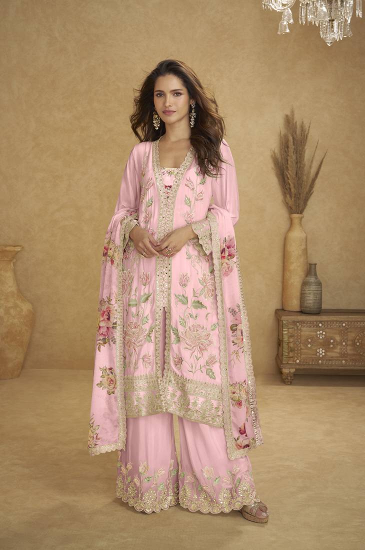 Pink real chinon embroidered palazzo suit with mirror work dupatta
