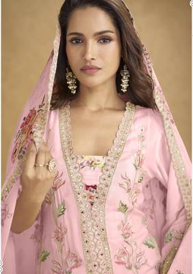Pink real chinon embroidered palazzo suit with mirror work dupatta 2