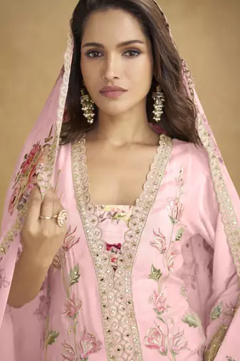 Pink real chinon embroidered palazzo suit with mirror work dupatta