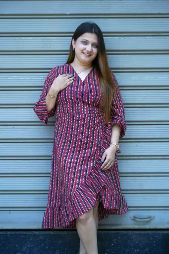 red hand printed frill dress