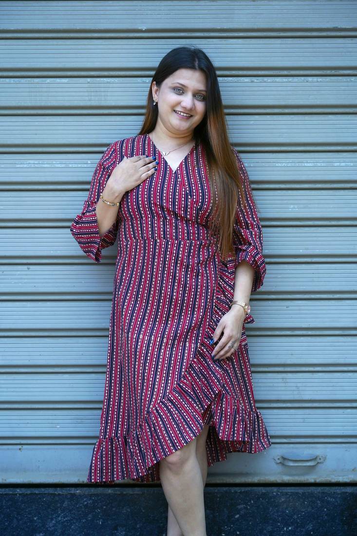 red hand printed frill dress