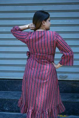 red hand printed frill dress 2