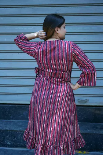 red hand printed frill dress