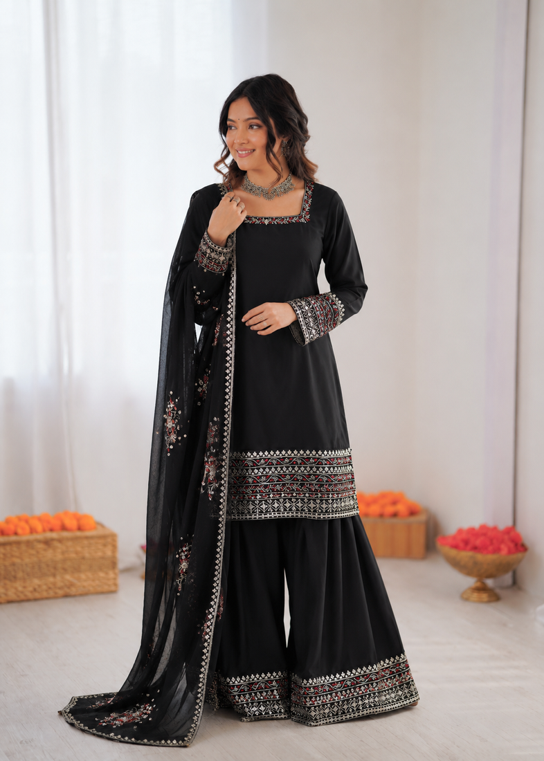 Black crepe thread with sequin  palazzo suit
