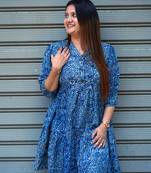 indigo handblock printed below knee dress