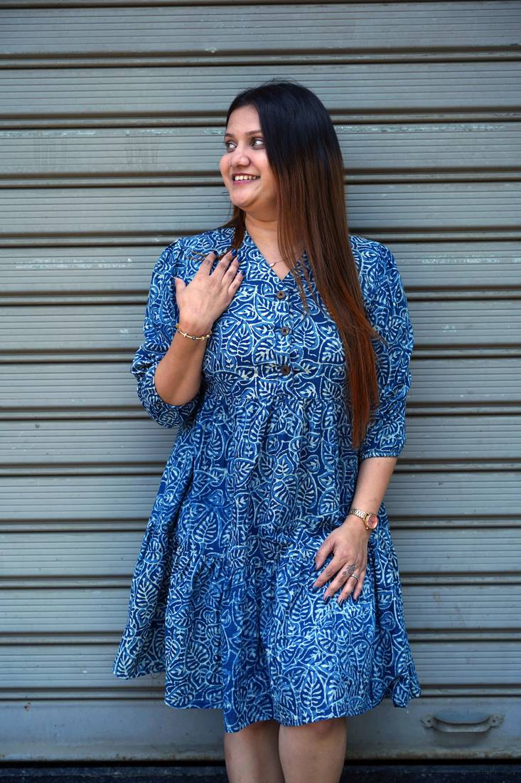 indigo handblock printed below knee dress