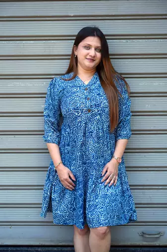 indigo handblock printed below knee dress