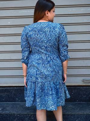 indigo handblock printed below knee dress 3