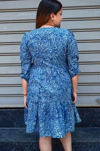 indigo handblock printed below knee dress