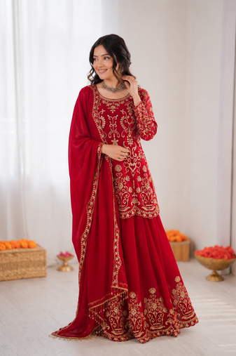 Red georgette thread work sharara suit