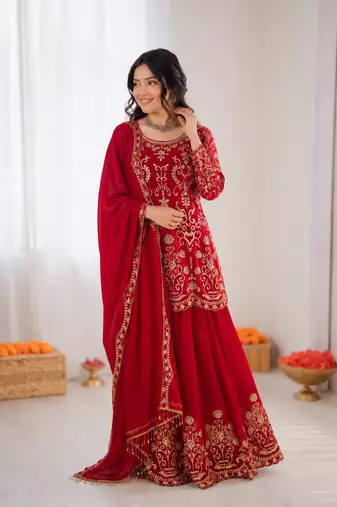 Red georgette thread work sharara suit