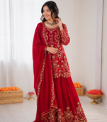 Red georgette thread work sharara suit