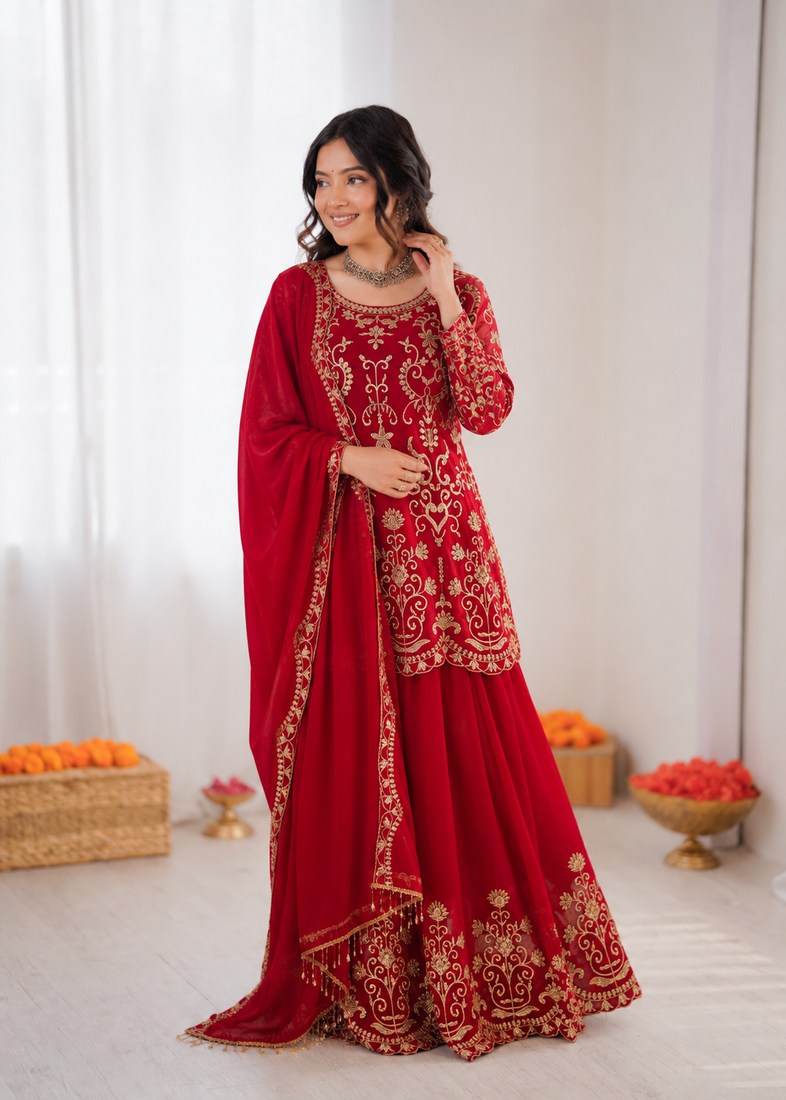 Red georgette thread work sharara suit