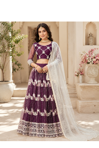 WINE NET MULTI AND SEQUENCE WORK BUTTERFLY NET LEHENGA CHOLI AND DUPATTA SET  1