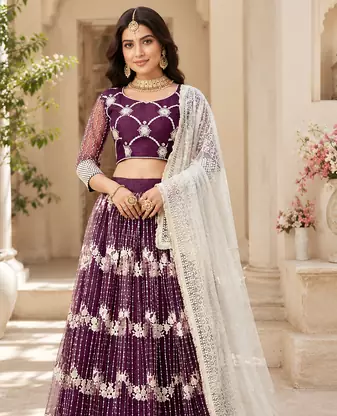 WINE NET MULTI AND SEQUENCE WORK BUTTERFLY NET LEHENGA CHOLI AND DUPATTA SET 