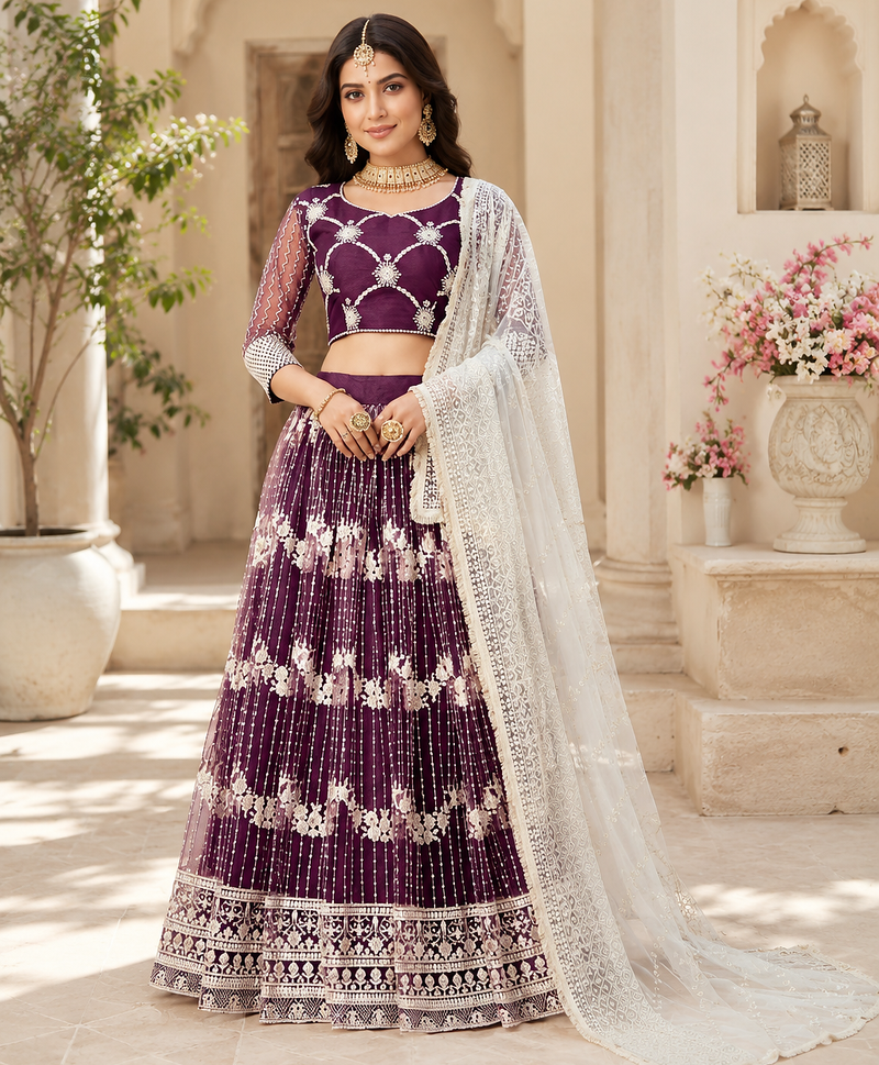 WINE NET MULTI AND SEQUENCE WORK BUTTERFLY NET LEHENGA CHOLI AND DUPATTA SET 