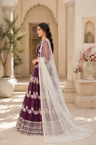 WINE NET MULTI AND SEQUENCE WORK BUTTERFLY NET LEHENGA CHOLI AND DUPATTA SET 