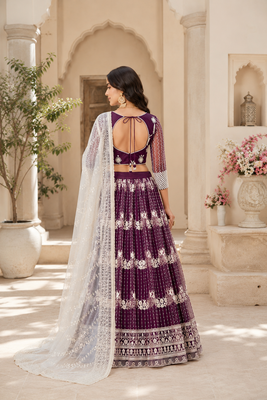 WINE NET MULTI AND SEQUENCE WORK BUTTERFLY NET LEHENGA CHOLI AND DUPATTA SET  3