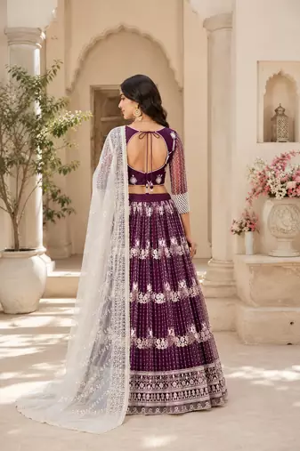 WINE NET MULTI AND SEQUENCE WORK BUTTERFLY NET LEHENGA CHOLI AND DUPATTA SET 