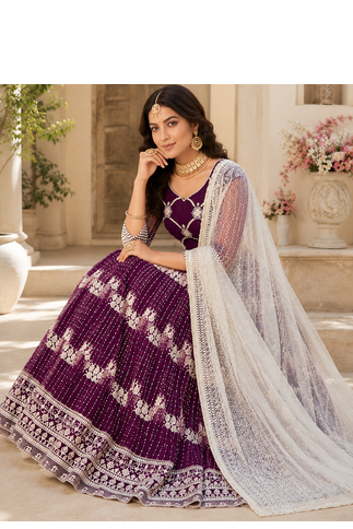 WINE NET MULTI AND SEQUENCE WORK BUTTERFLY NET LEHENGA CHOLI AND DUPATTA SET  4