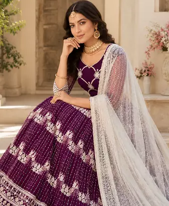 WINE NET MULTI AND SEQUENCE WORK BUTTERFLY NET LEHENGA CHOLI AND DUPATTA SET 