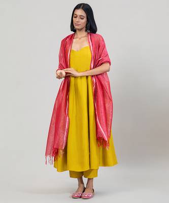 Mustard yellow dola silk anarkali set with red dupatta 1