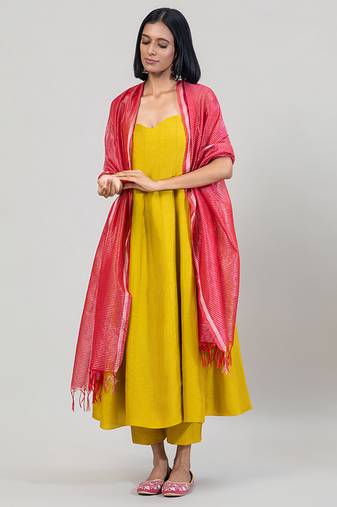 Mustard yellow dola silk anarkali set with red dupatta