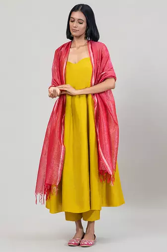 Mustard yellow dola silk anarkali set with red dupatta