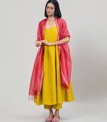 Mustard yellow dola silk anarkali set with red dupatta