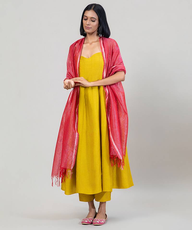 Mustard yellow dola silk anarkali set with red dupatta