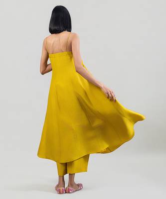 Mustard yellow dola silk anarkali set with red dupatta 2