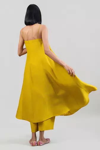 Mustard yellow dola silk anarkali set with red dupatta