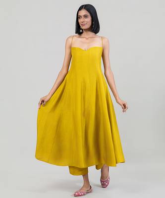 Mustard yellow dola silk anarkali set with red dupatta 3