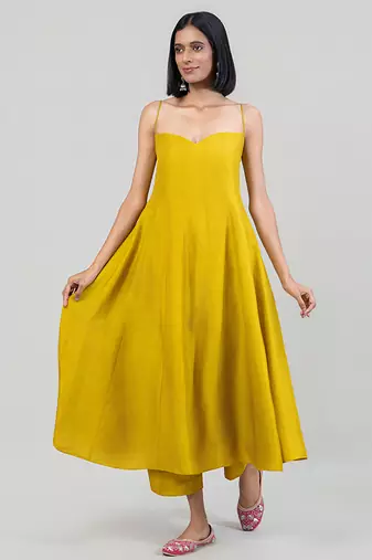 Mustard yellow dola silk anarkali set with red dupatta