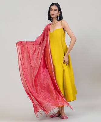 Mustard yellow dola silk anarkali set with red dupatta 5