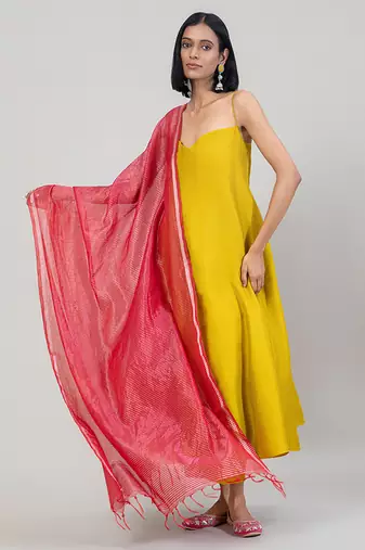 Mustard yellow dola silk anarkali set with red dupatta