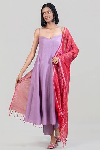 Lilac purple dola silk anarkali set with red dupatta