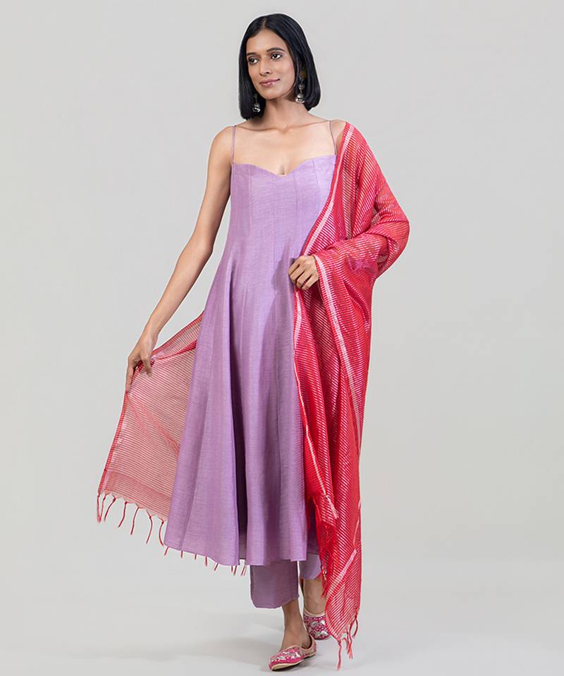 Lilac purple dola silk anarkali set with red dupatta