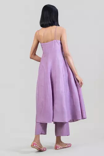 Lilac purple dola silk anarkali set with red dupatta