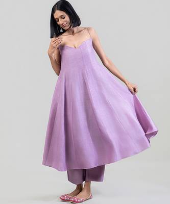 Lilac purple dola silk anarkali set with red dupatta 3