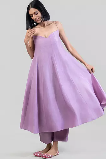 Lilac purple dola silk anarkali set with red dupatta