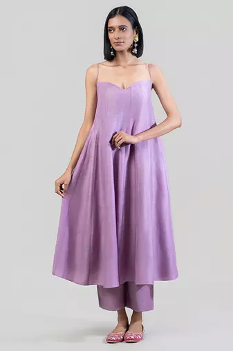 Lilac purple dola silk anarkali set with red dupatta