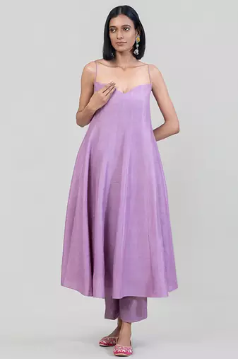 Lilac purple dola silk anarkali set with red dupatta