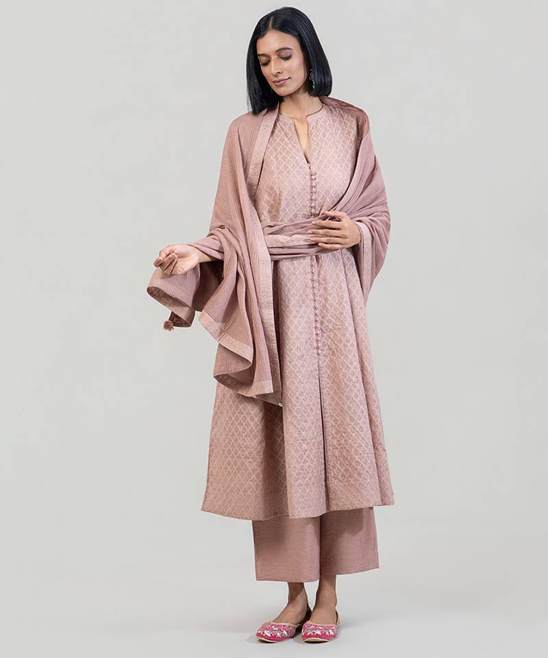 Dusty rose jacquard chanderi anarkali set